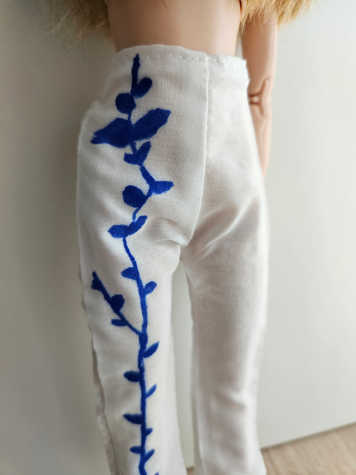 White & Blue Floral Copped Pants for Dolls