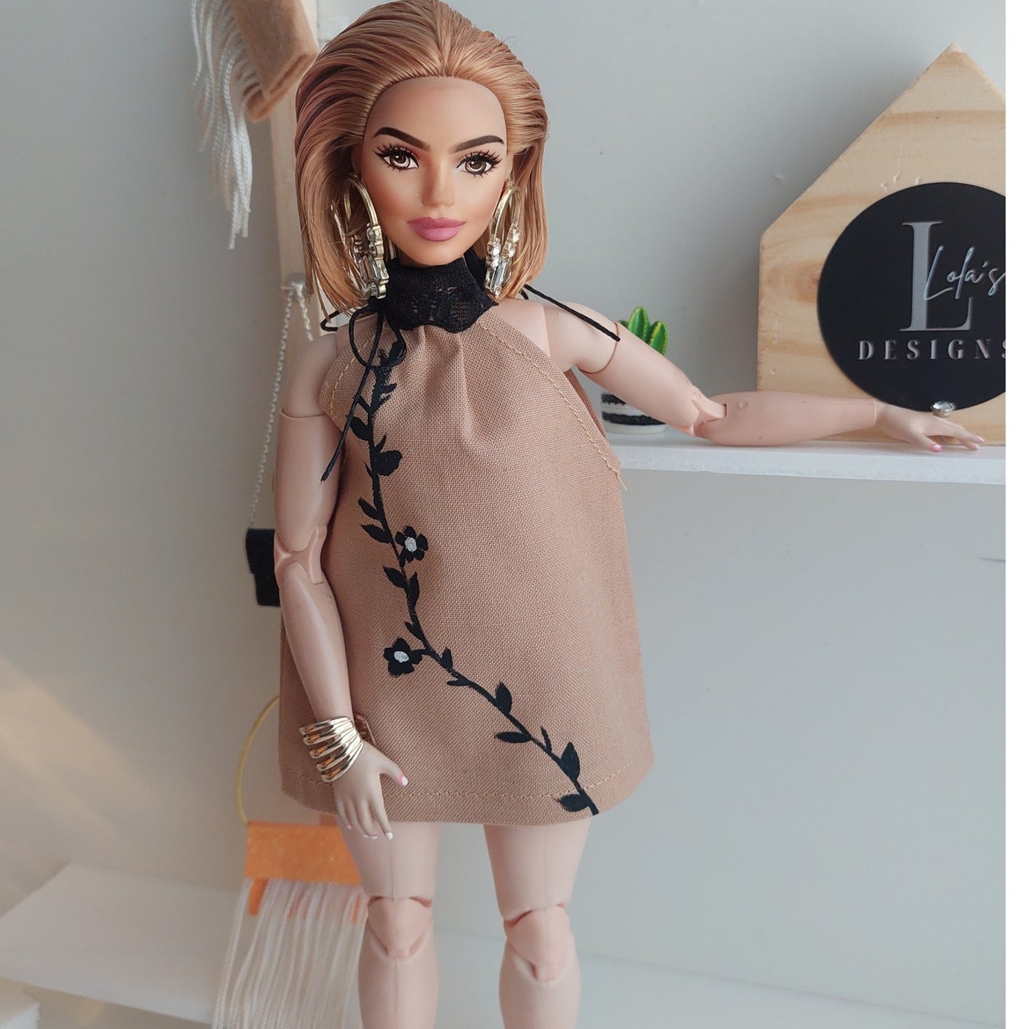 Beige Mini Dress with hand-painted black details. Fits curvy and regular dolls