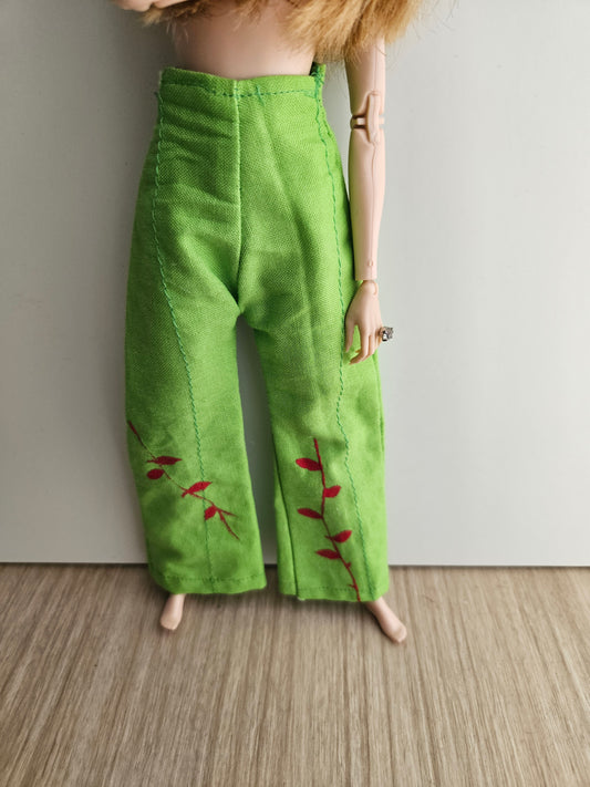 Green Wide-Leg Floral Pants for Dolls