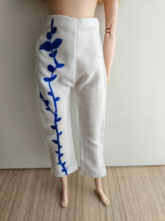 White & Blue Floral Copped Pants for Dolls