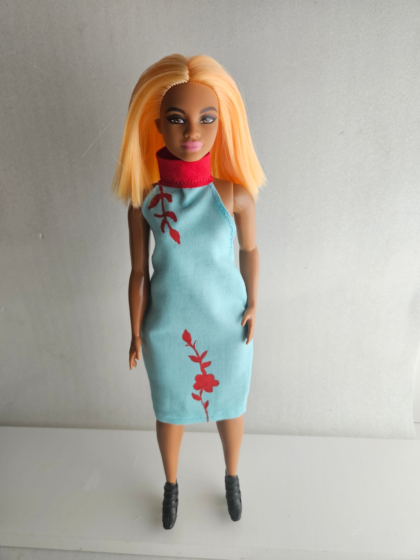 Aqua hand painted dress for curvy doll