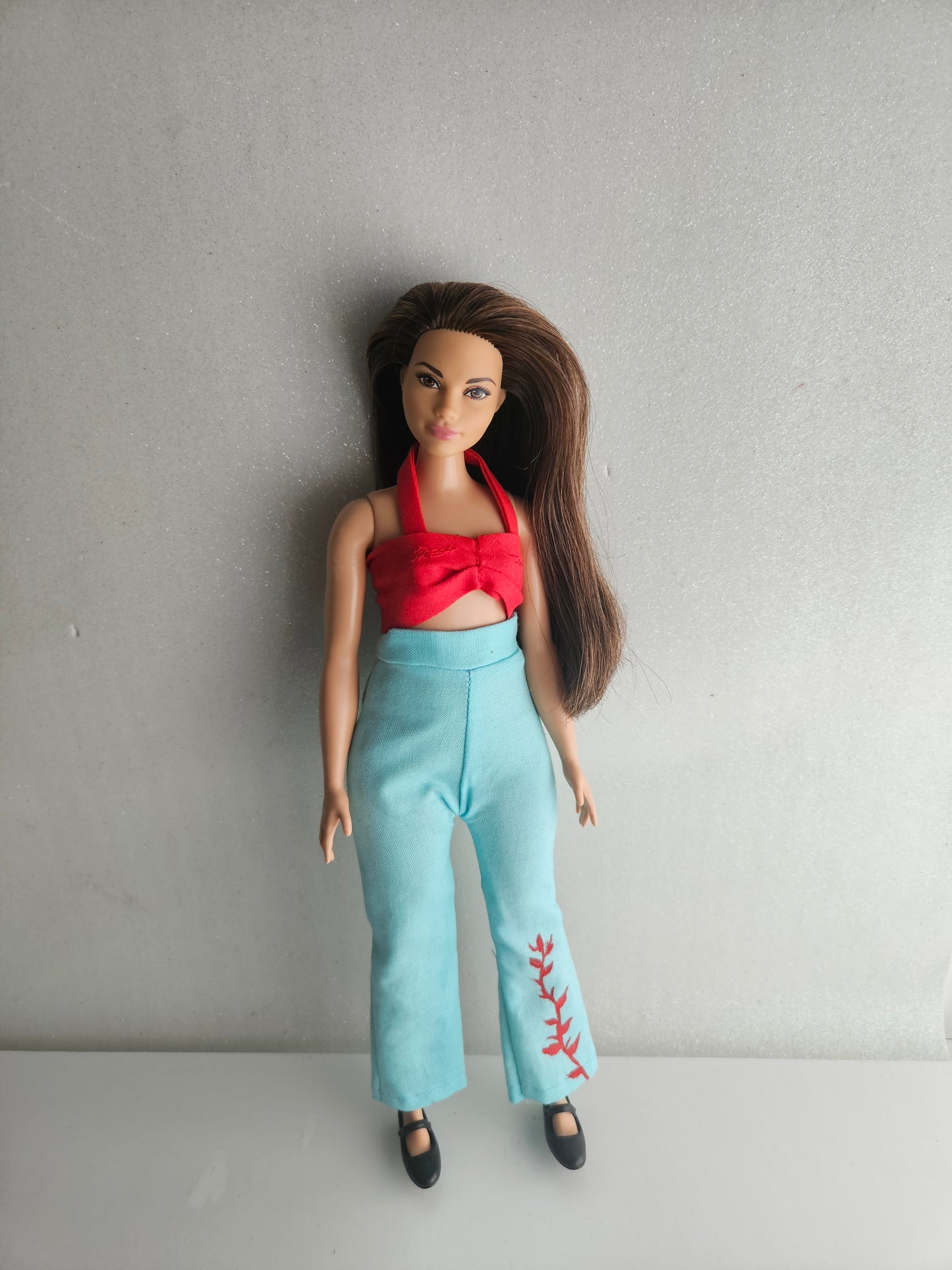 Aqua pants and red top for Curvy doll