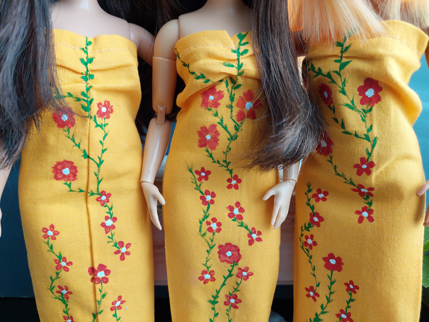 Yellow dress for Curvy Dolls  with hand-painted details