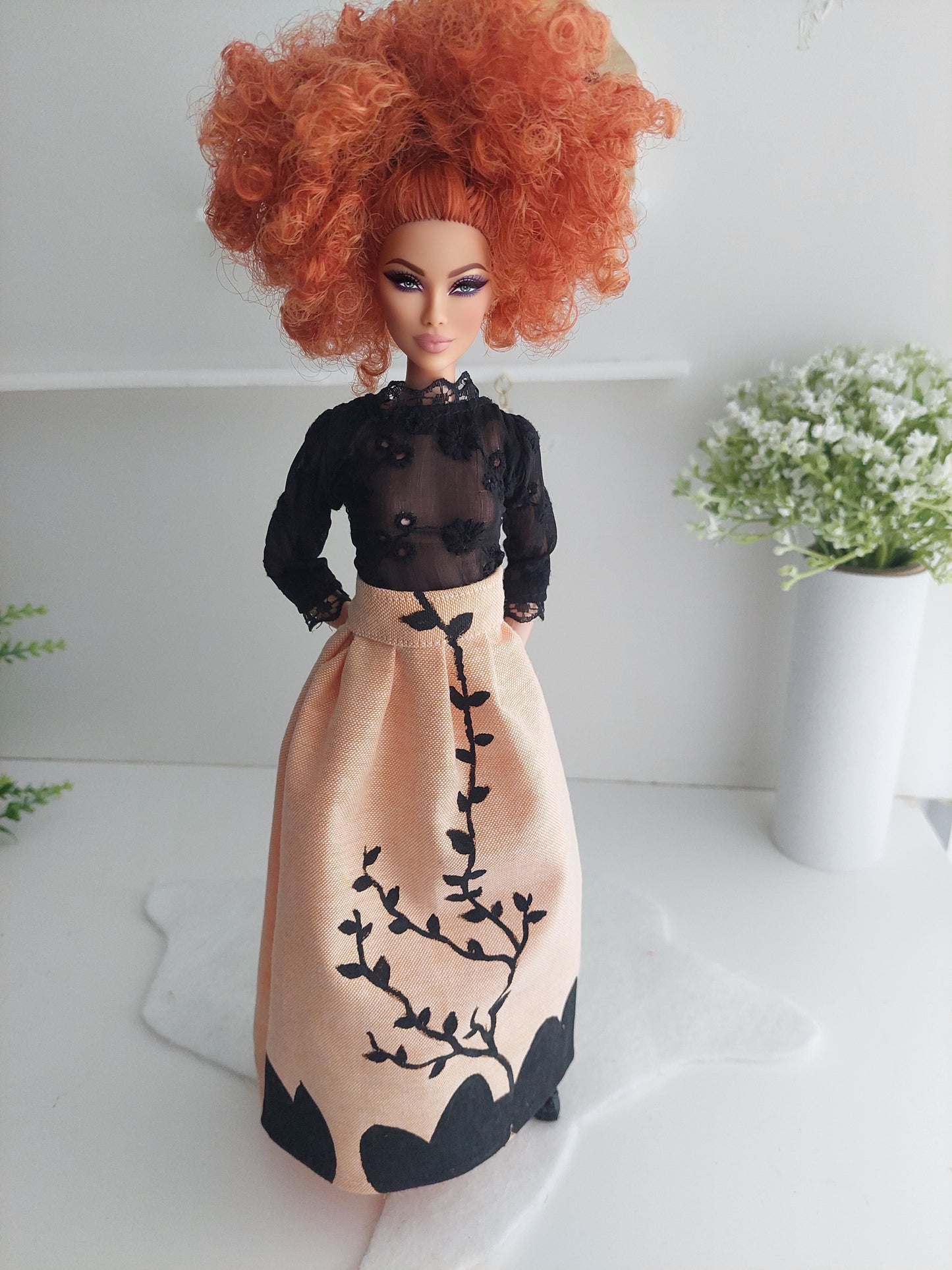 Hand painted Peach Skirt with black blouse