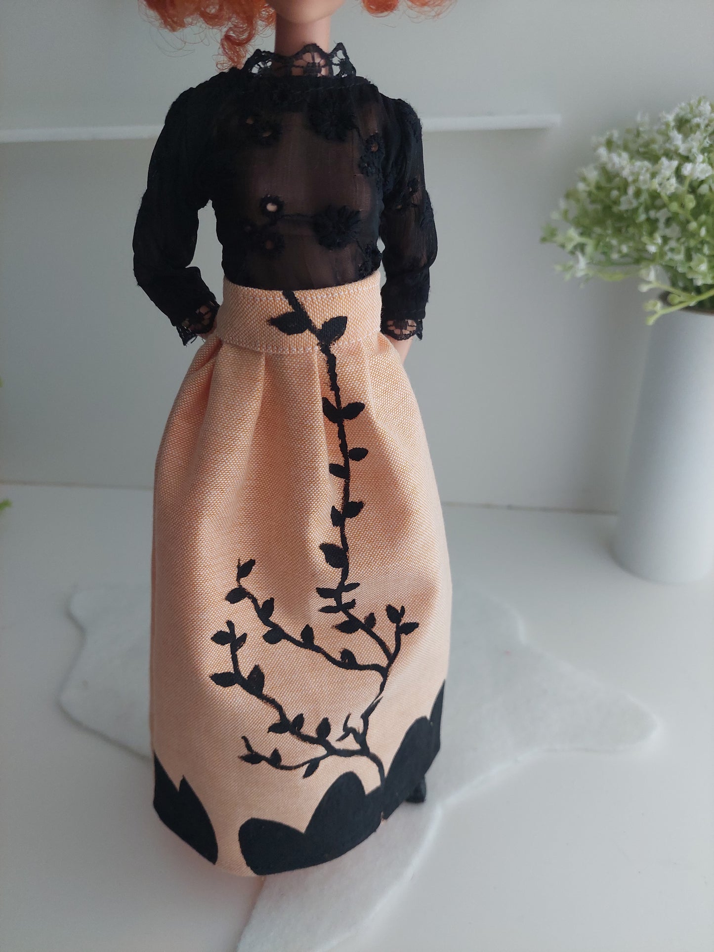 Hand painted Peach Skirt with black blouse