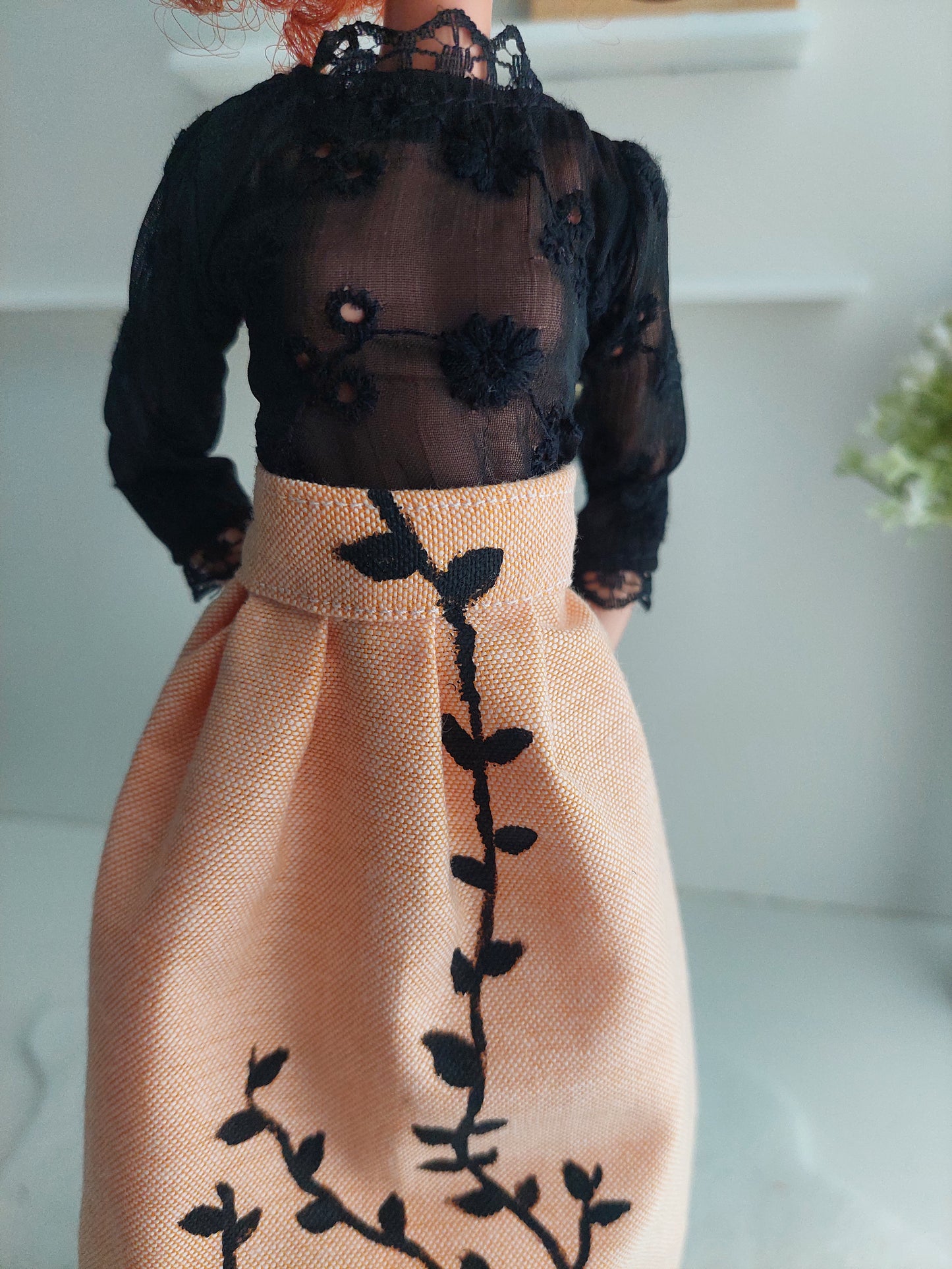 Hand painted Peach Skirt with black blouse