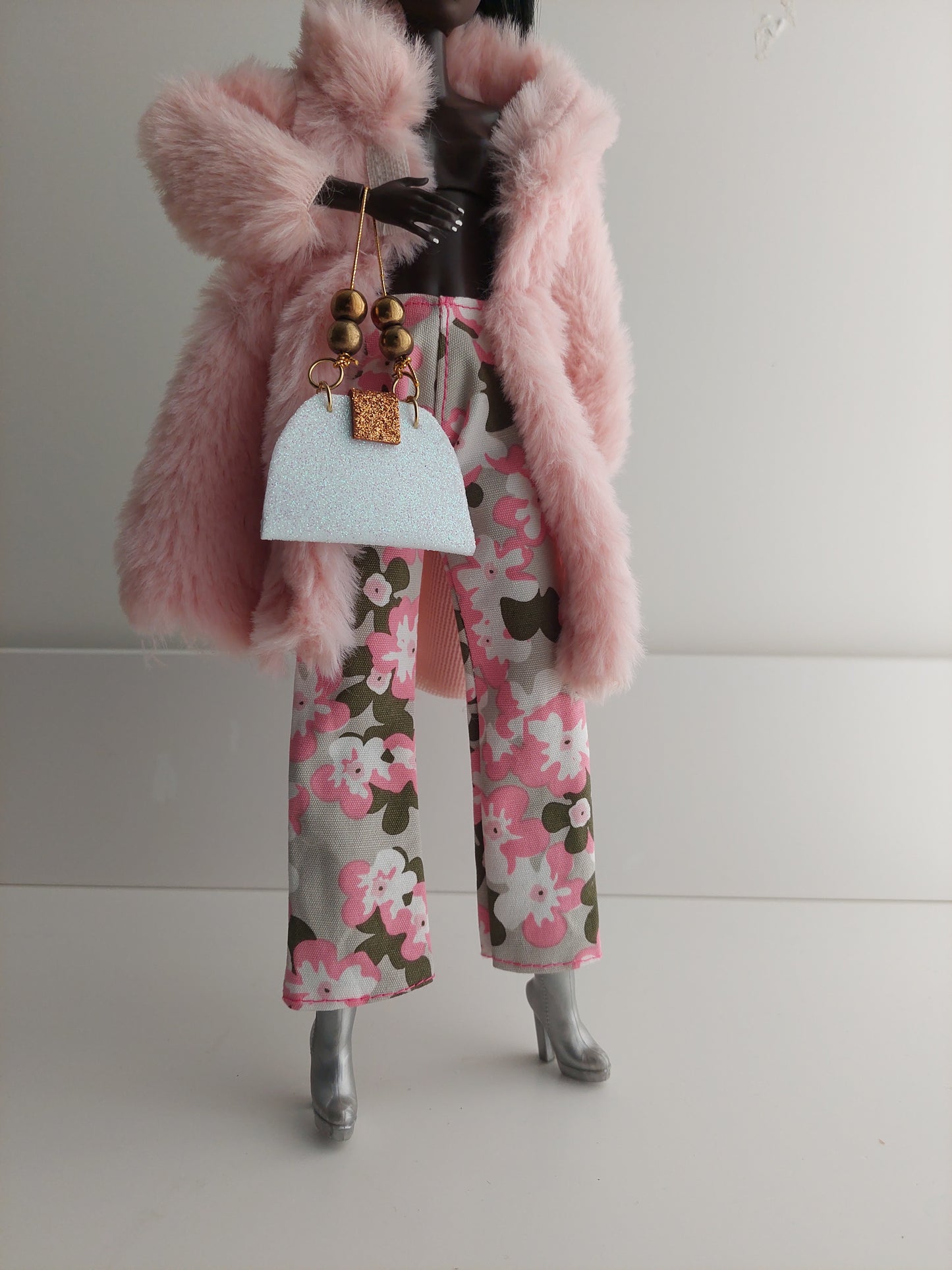 Pink Furry Coat with Floral Jeans