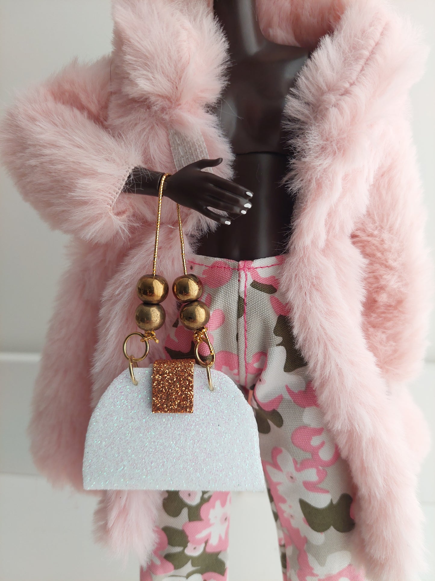 Pink Furry Coat with Floral Jeans