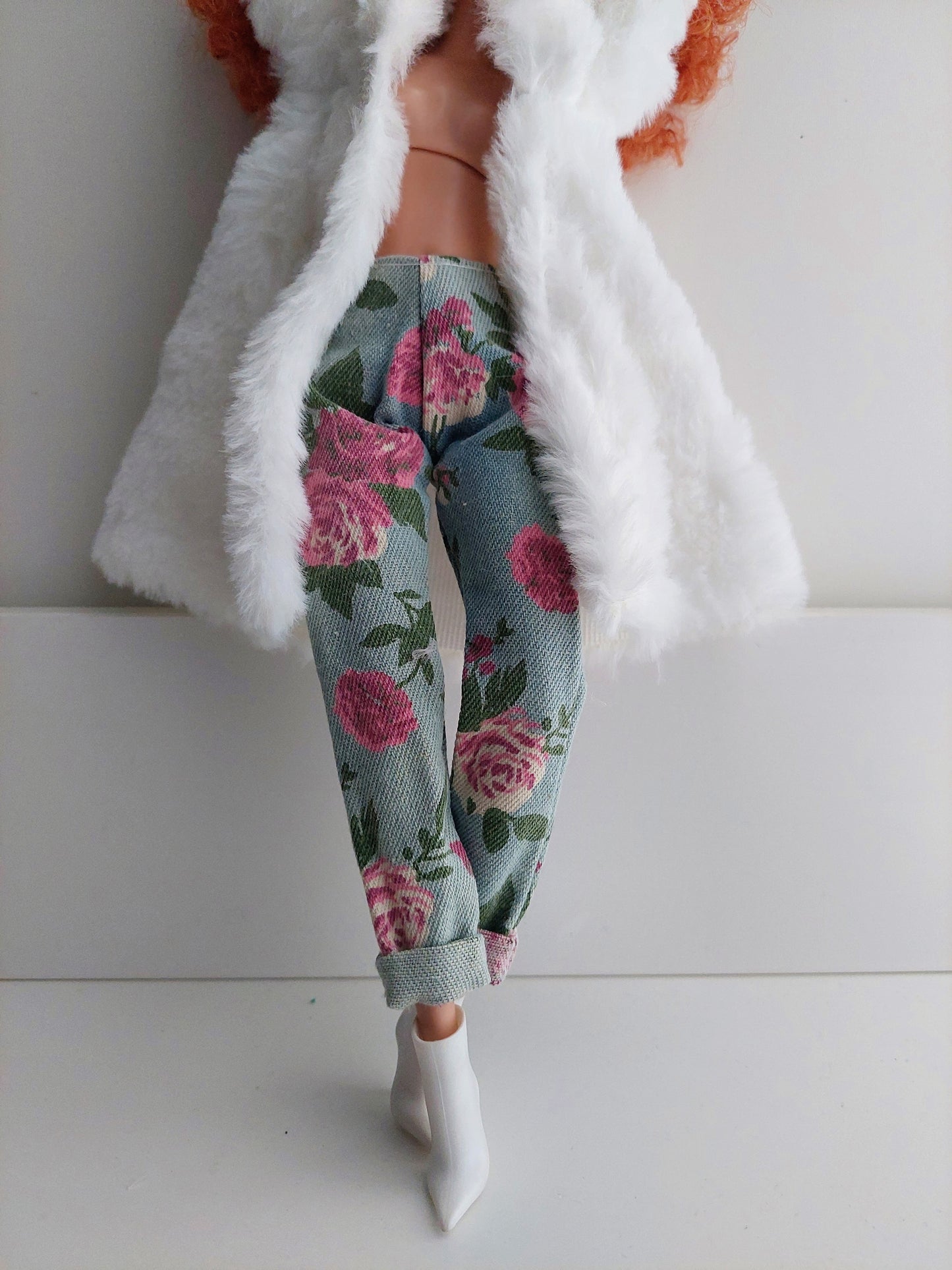 White Furry Coat with Floral Jeans